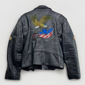 VTG Albert Montreal Leather Black Biker Jacket Coat Eagles American Flag USA REA